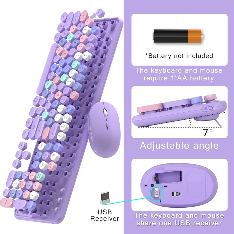 MPTOG Colorful Wireless Computer Keyboard and Mouse Combo with Round Typewriter Keycaps, Retro Design, Power Switch, Ergonomic Design, 2.4GHz Wireless for Windows, Mac, PC(Purple-Colorful) - Image 5